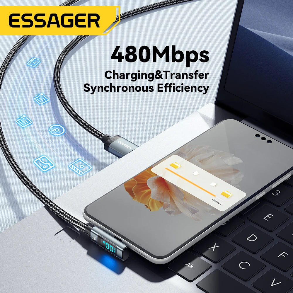 Essager 100W USB-C Fast Charge Cable – Elbow & Digital Display USB-C Charging Cable SPOT