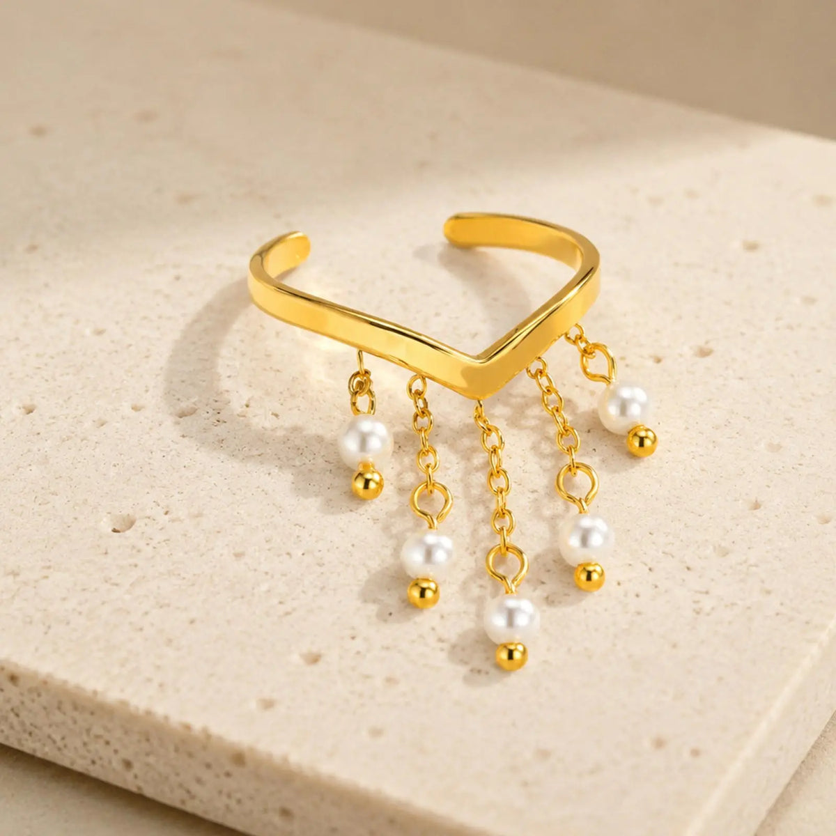 V-Shape Pearl Tassel Drop Ring – 18K Gold Stainless Steel Cocktail Ring SPOT