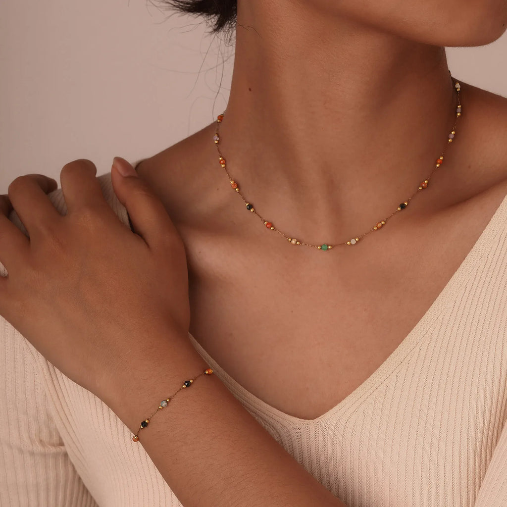 Nature Stone Beaded Anklet – 18K Gold Plated Stainless Steel Beaded Anklet SPOT