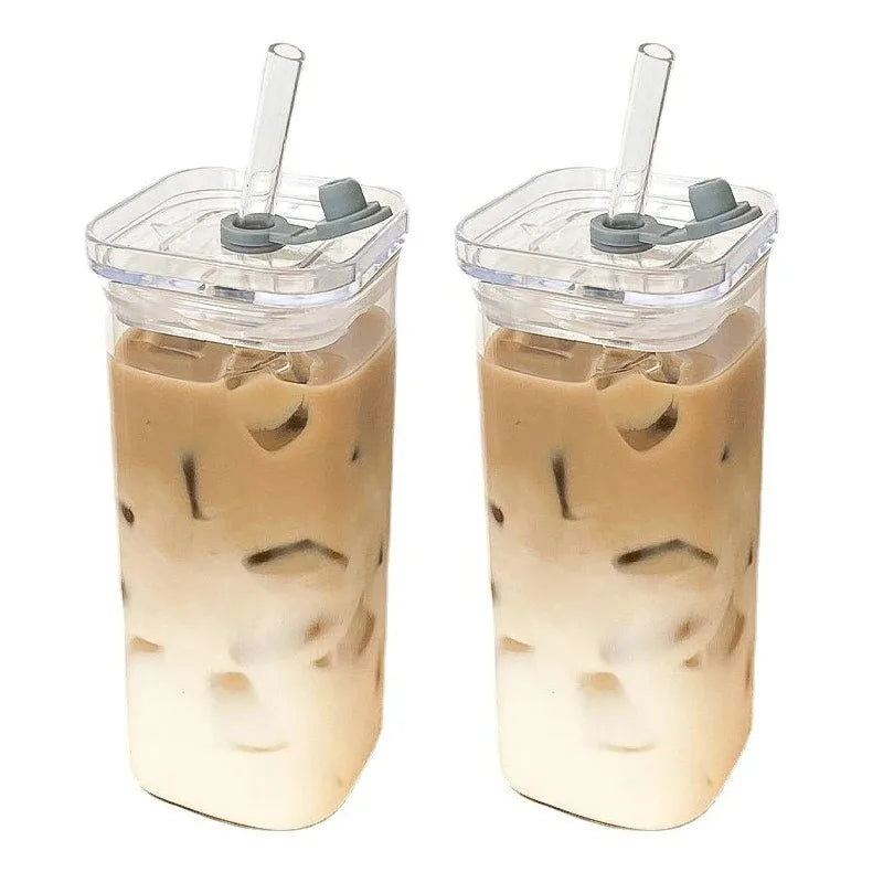 Square Glass Cup with Lid & Straw – 400ml Heat-Resistant Mug Glass Coffee Mug SPOT