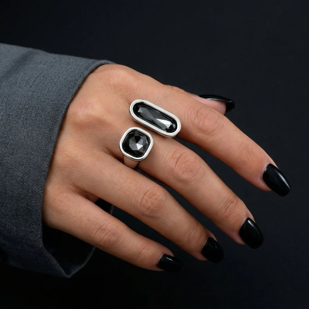 Silver Geometric Open Ring – Black Acrylic Stone, Adjustable Statement Ring SPOT Default Title