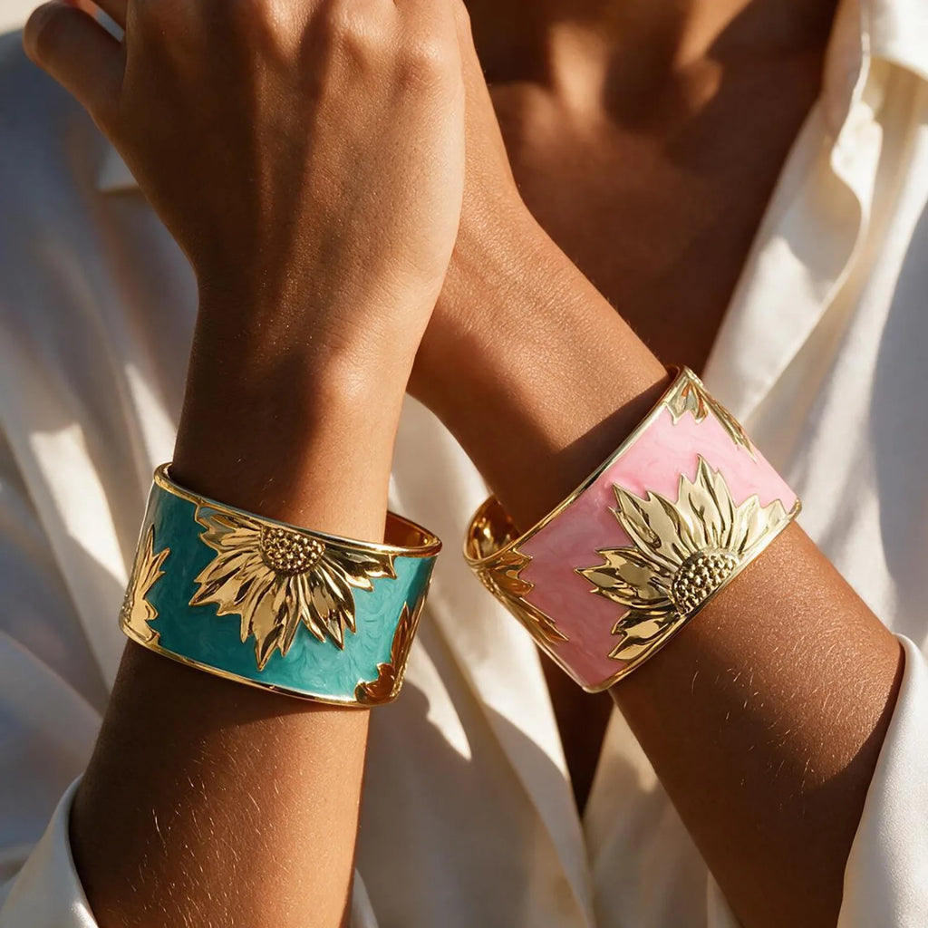 Enamel Sunflower Cuff Bangle – 18K Gold Plated Women's Bracelet Cuff Bangle Bracelet SPOT