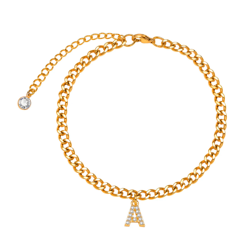 A–Z Initial Letter Anklet – CZ Cuban Link Gold Foot Chain Initial Letter Anklet SPOT