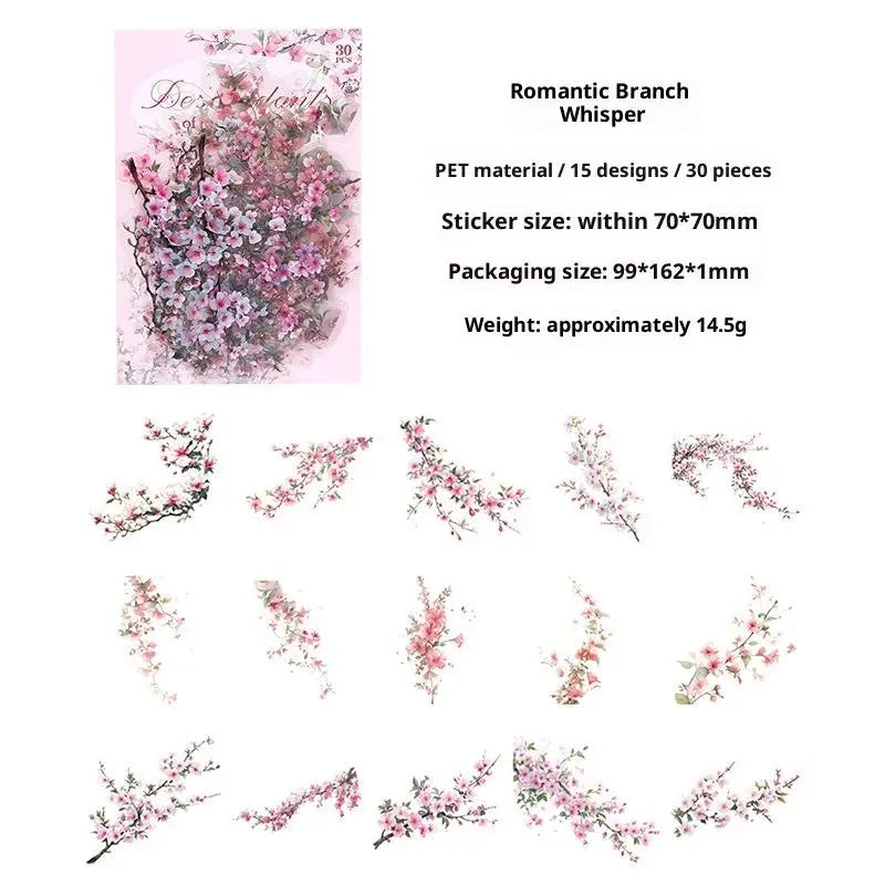 30-Pack Vintage Waterproof PET Flower Stickers for DIY Crafts Decorative Craft Stickers SPOT A1