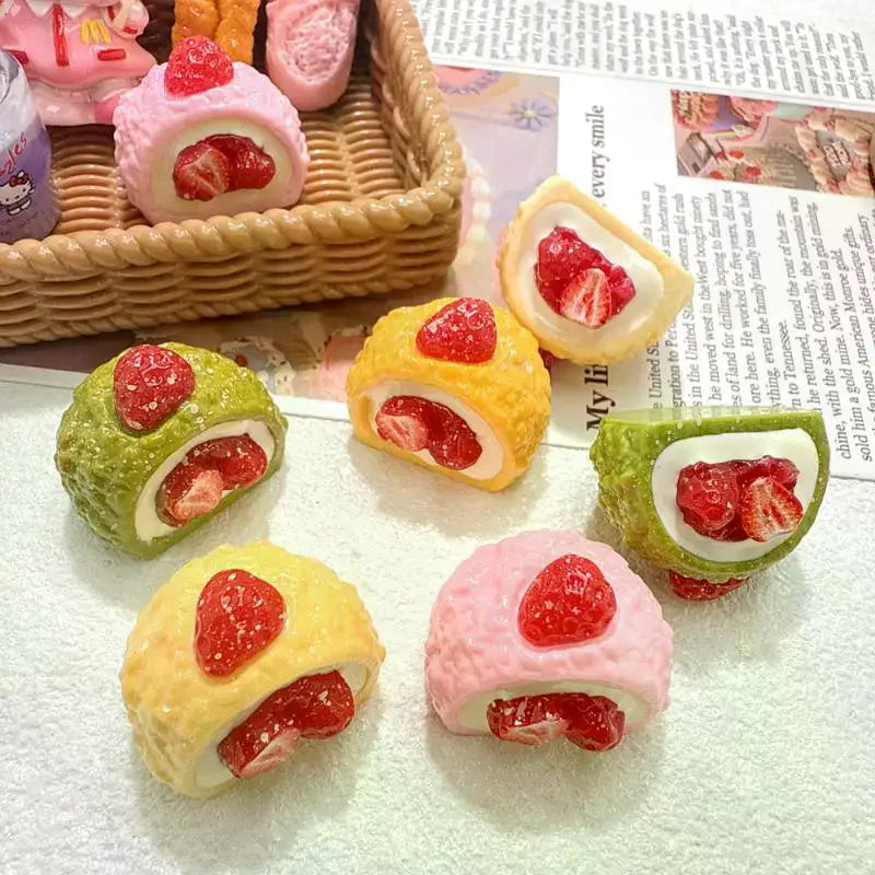 4-Pack Mini Strawberry Cake Resin Charms – Dollhouse & DIY Decor Miniature Resin Charms SPOT