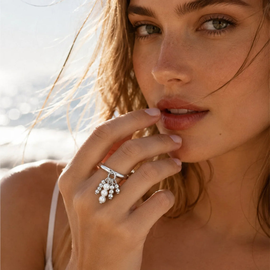 Pearl Bead Dangling Open Ring – Silver Statement Ring for Women Fashion Statement Ring SPOT