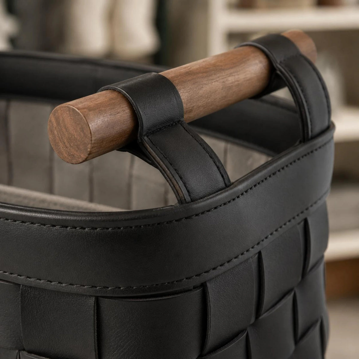 Woven Storage Basket with Wooden Handles & Leather Trim Woven Storage Basket SPOT