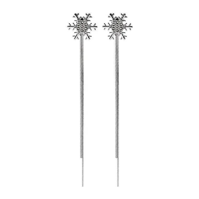 Silver Snowflake Tassel Drop Earrings – Elegant Long Dangle Drop Dangle Earrings SPOT