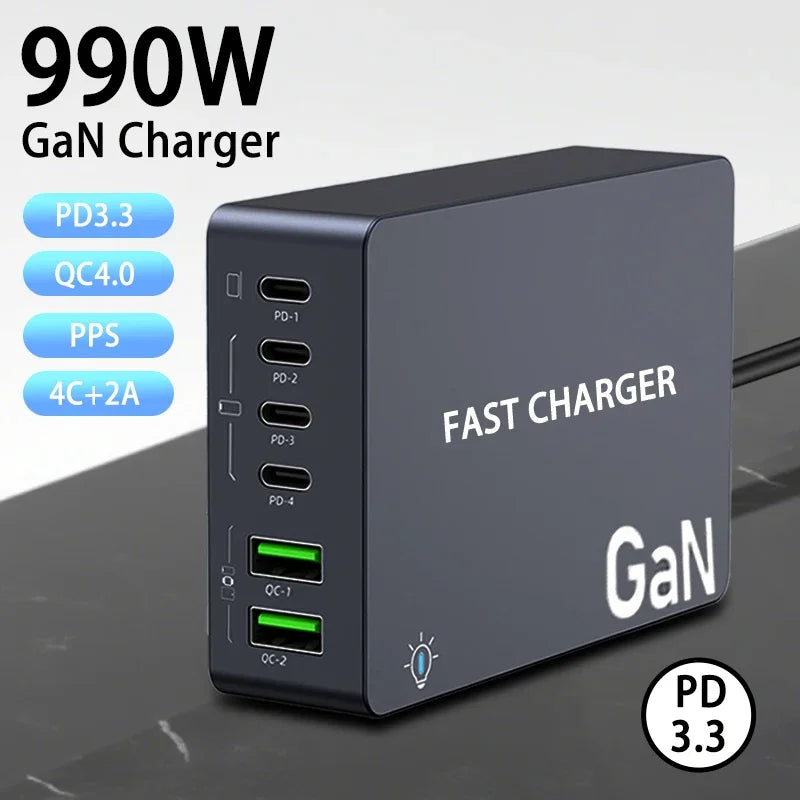 VIKEFON 990W GaN 6-Port Desktop Charger – USB-C PD Fast Charge Multi-Port GaN Charger SPOT