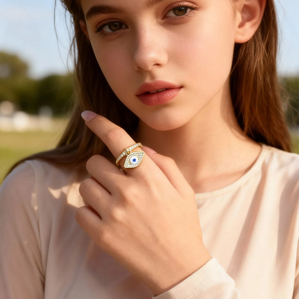 Turkish Blue Evil Eye CZ Open Ring – 18K Gold Adjustable Fashion Ring SPOT