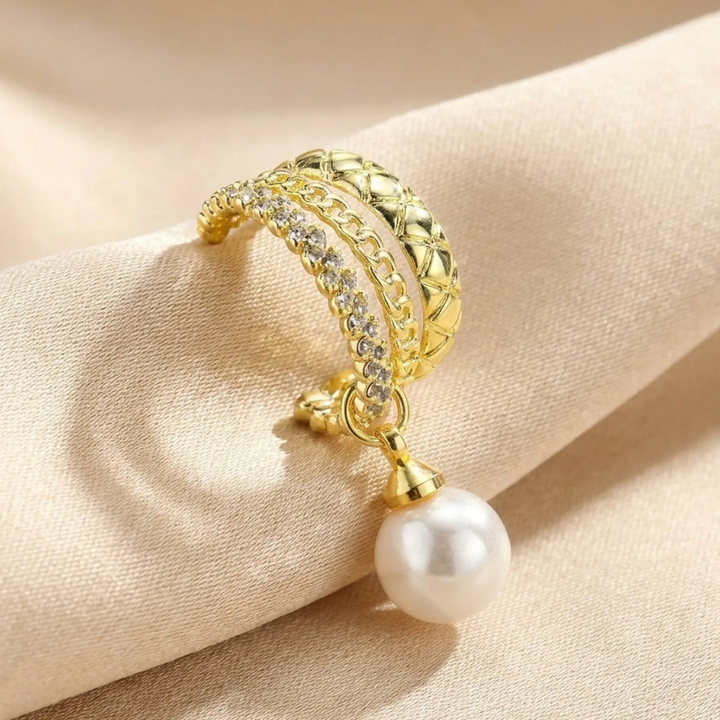 14K Gold Non-Pierced Ear Cuff – Cuban Link CZ Faux Pearl Clip Clip-On Ear Cuff SPOT