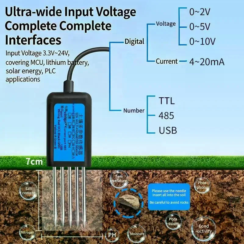7-in-1 Soil Sensor – Moisture, EC, pH, NPK, RS485 Modbus Soil Sensor Probe SPOT