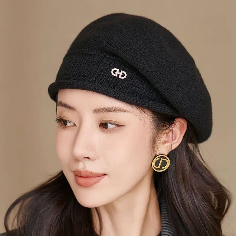 Women's Winter Knit Beret – Soft, Warm & Stretchy Cap Winter Knit Beret SPOT black