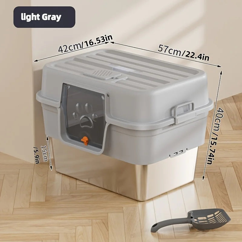XL Enclosed Cat Litter Box – Stainless Steel & Odor Control Cat Litter Box SPOT Light Grey
