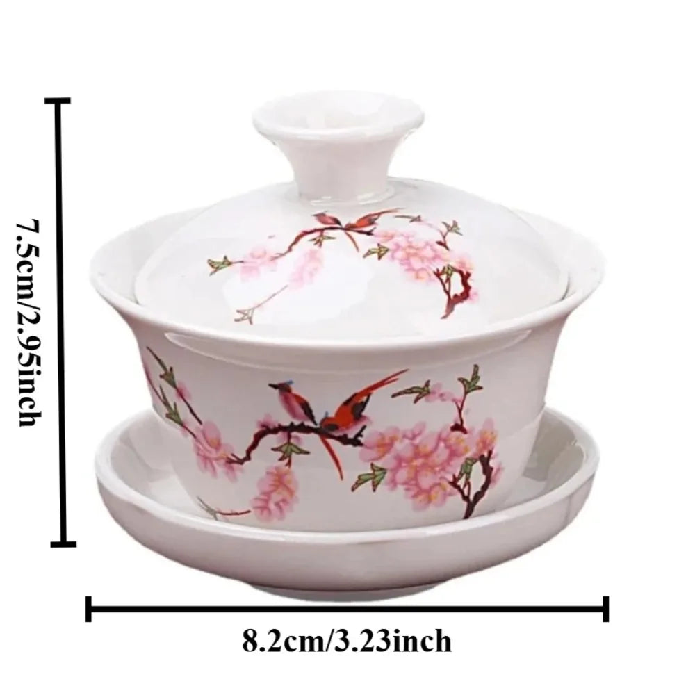 Chinese Porcelain Sancai Gaiwan Set – 3-Piece Bird-Flower Tea Bowl Porcelain Gaiwan Set SPOT