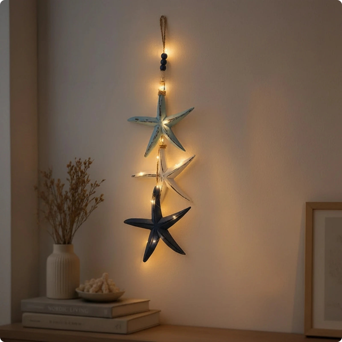 Wooden Starfish Wall Hanger – Coastal Beaded Ornament 59cm Coastal Wall Hanging SPOT Starfish Led