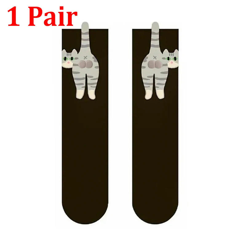 Funny 3D Cat Cartoon Mid-Tube Cotton Socks | Cute Gift Novelty Cotton Socks SPOT 1 pair black One Size