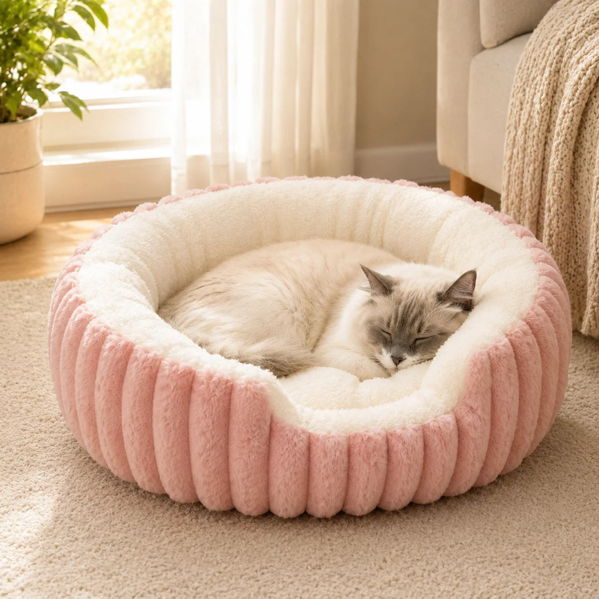Soft Plush Calming Cat Bed – Bolster Rim, Washable, Anti-Slip Calming Pet Bed SPOT
