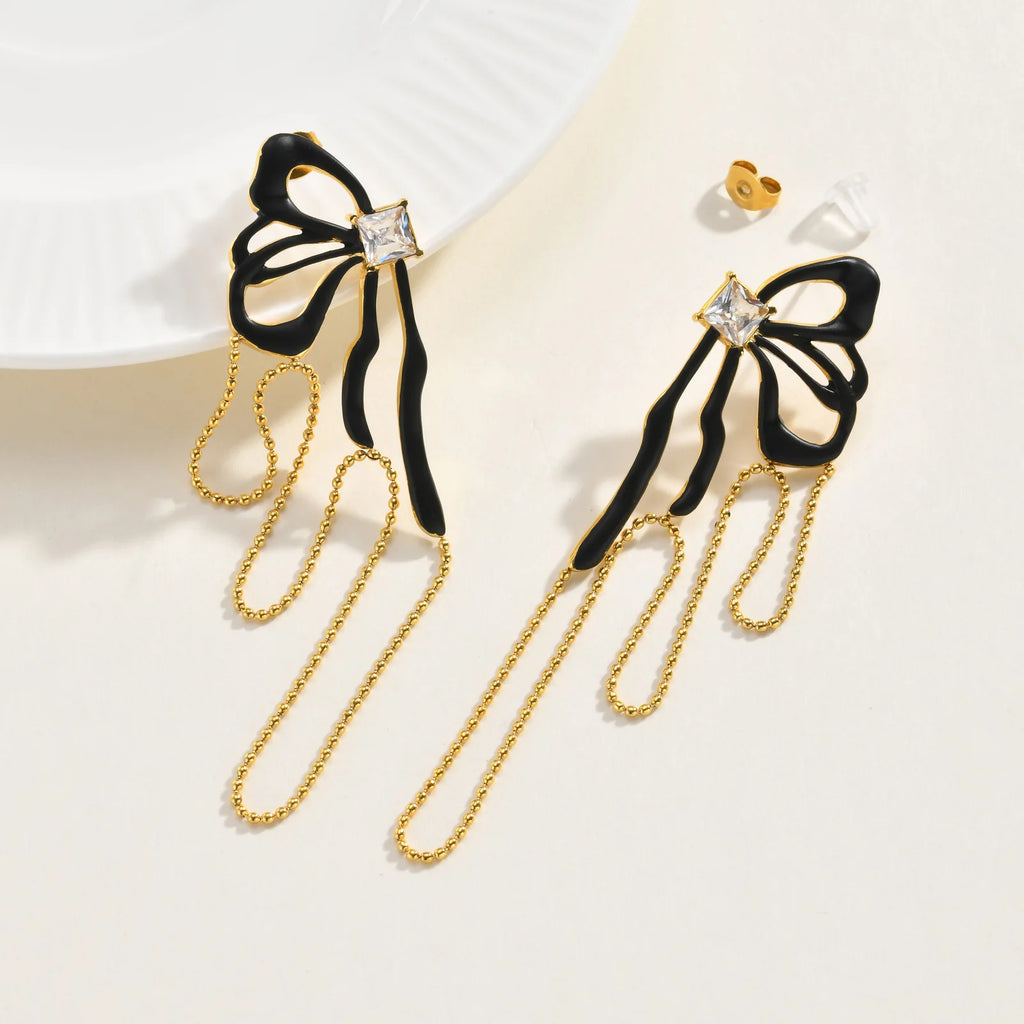 Black Bowknot CZ Tassel Drop Earrings – 18K Gold Plated Drop Earrings SPOT