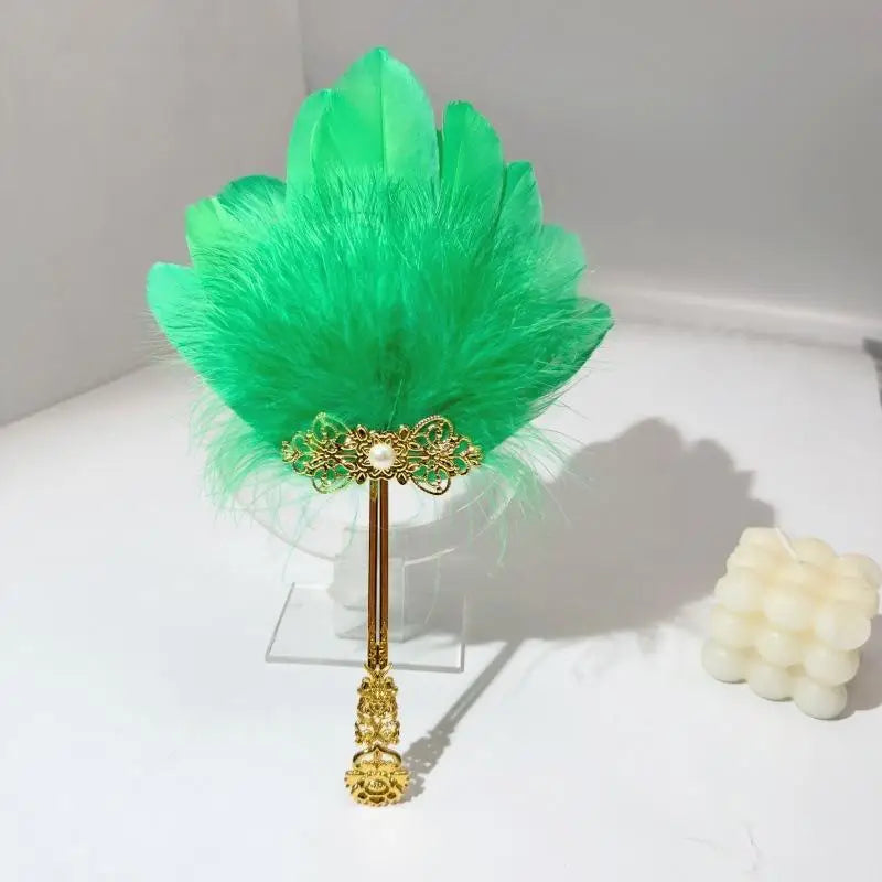 Vintage Fluffy Feather Fan Gold Handle – Stage, Party & Cosplay Decorative Feather Fan SPOT Green