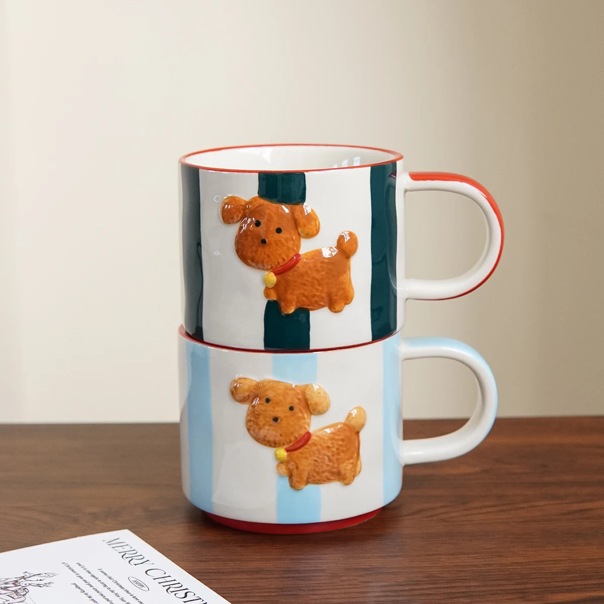 Hand-Painted Ceramic Dog Mug – Embossed Striped Pattern Cup Ceramic Coffee Mug SPOT 2Pcs Green Blue 201-300ml