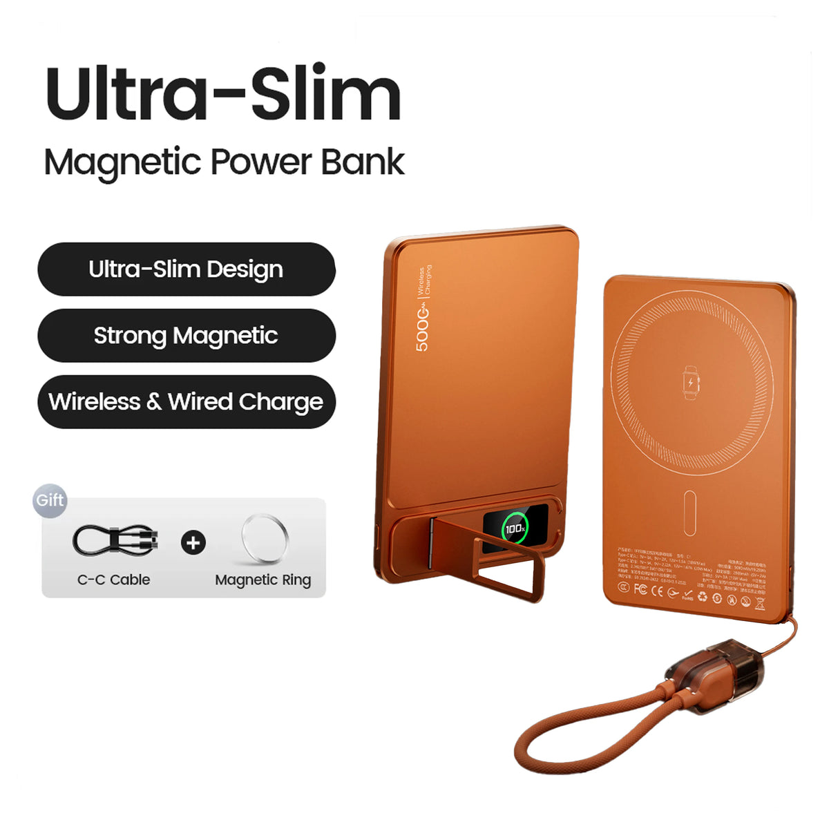 10000mAh Magnetic Wireless Power Bank – 15W MagSafe PD 20W Magnetic Power Bank SPOT Orange 10000mAh