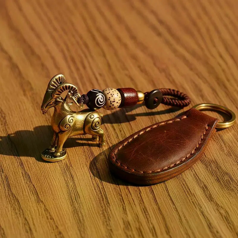 Brass Chinese Zodiac Goat Keychain – Antique Copper Pendant Keychain Ornament SPOT