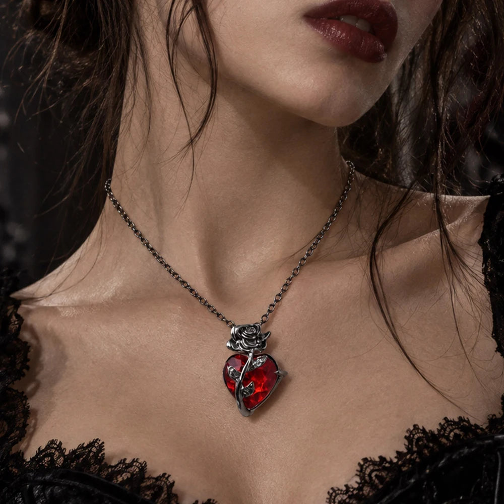 Gothic Rose Heart Necklace – Red Rhinestone Pendant for Women Pendant Necklace SPOT