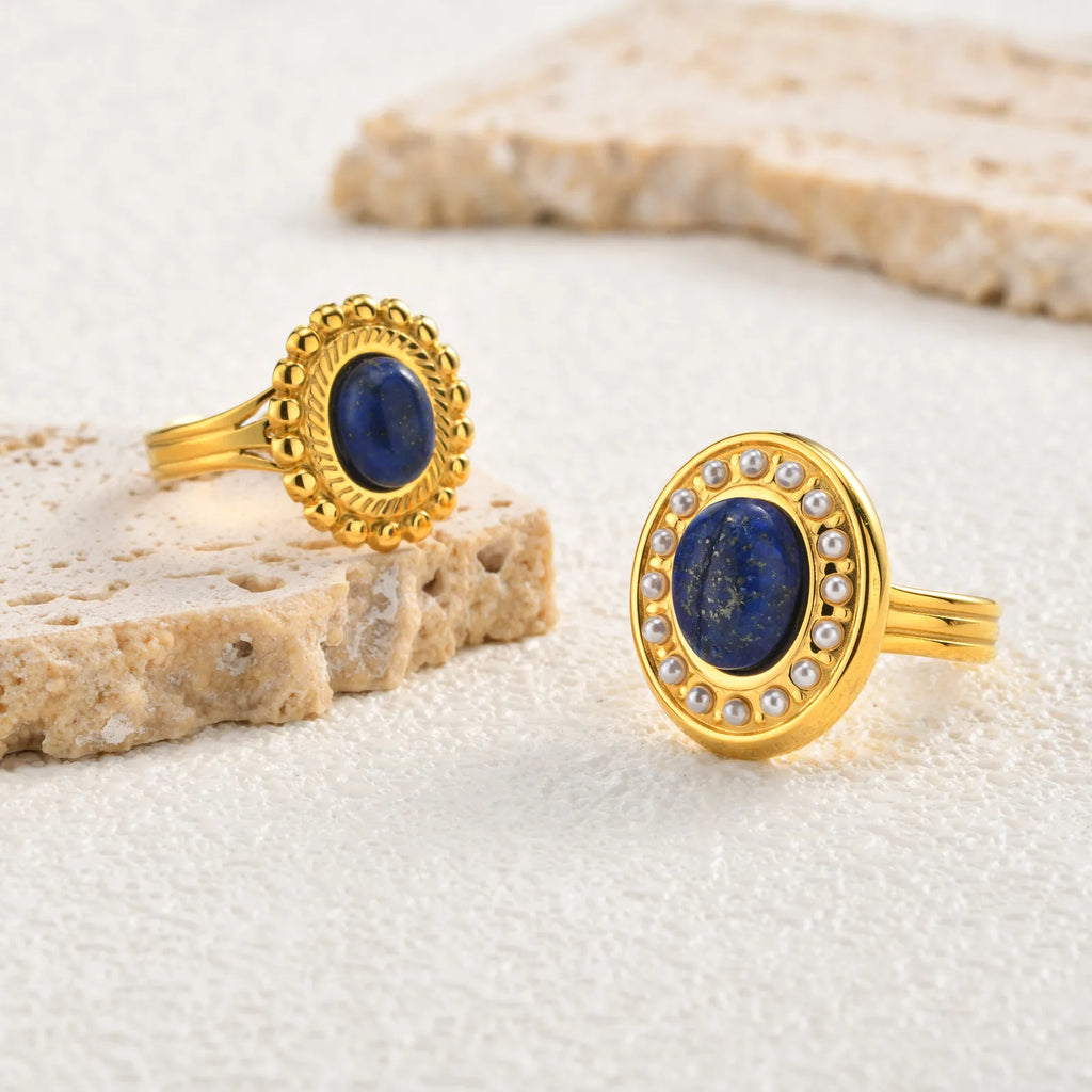Vintage Lapis Lazuli Oval Ring – 18K Gold Open Band Cocktail Statement Ring SPOT