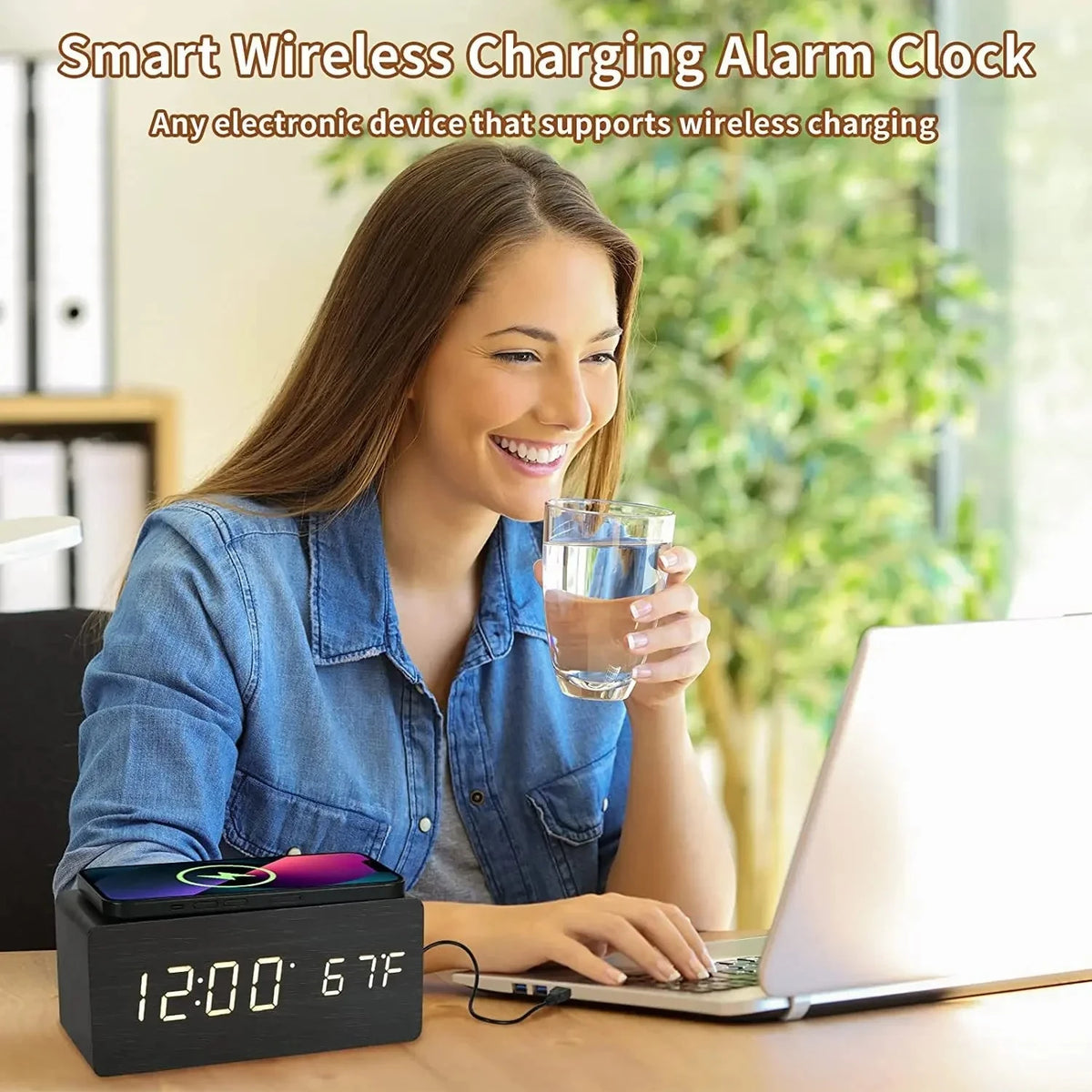 Wooden Digital Alarm Clock with Wireless Charging & LED Display Digital Alarm Clock SPOT