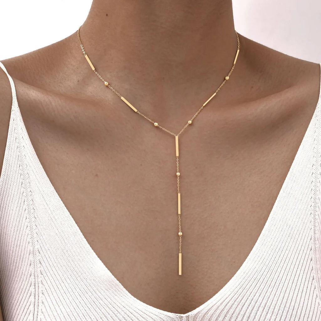 Beaded Y-Shape Necklace – Minimalist Gold Bar Pendant | Meaeguet Chain Pendant Necklace SPOT NC-2049G