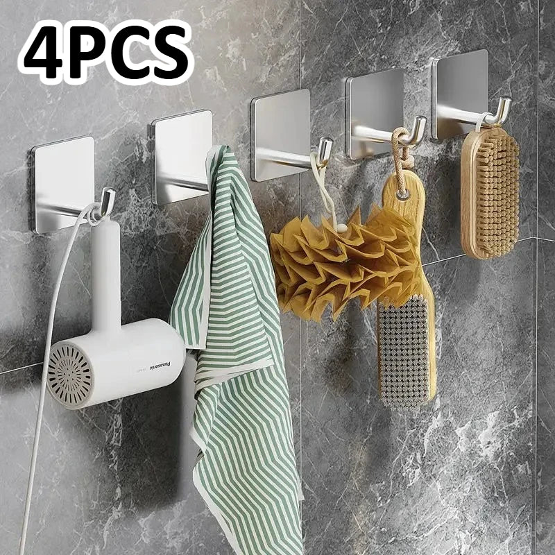 4-Pack Stainless Steel Self-Adhesive Wall Hooks – No Drill Adhesive Wall Hooks SPOT 4PCS silvery