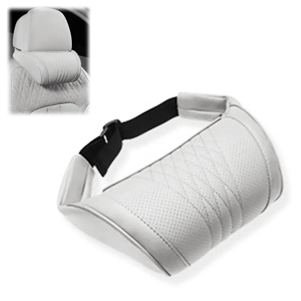 Memory Foam Car Headrest Neck Pillow – Nappa Leather Support Car Neck Pillow SPOT White