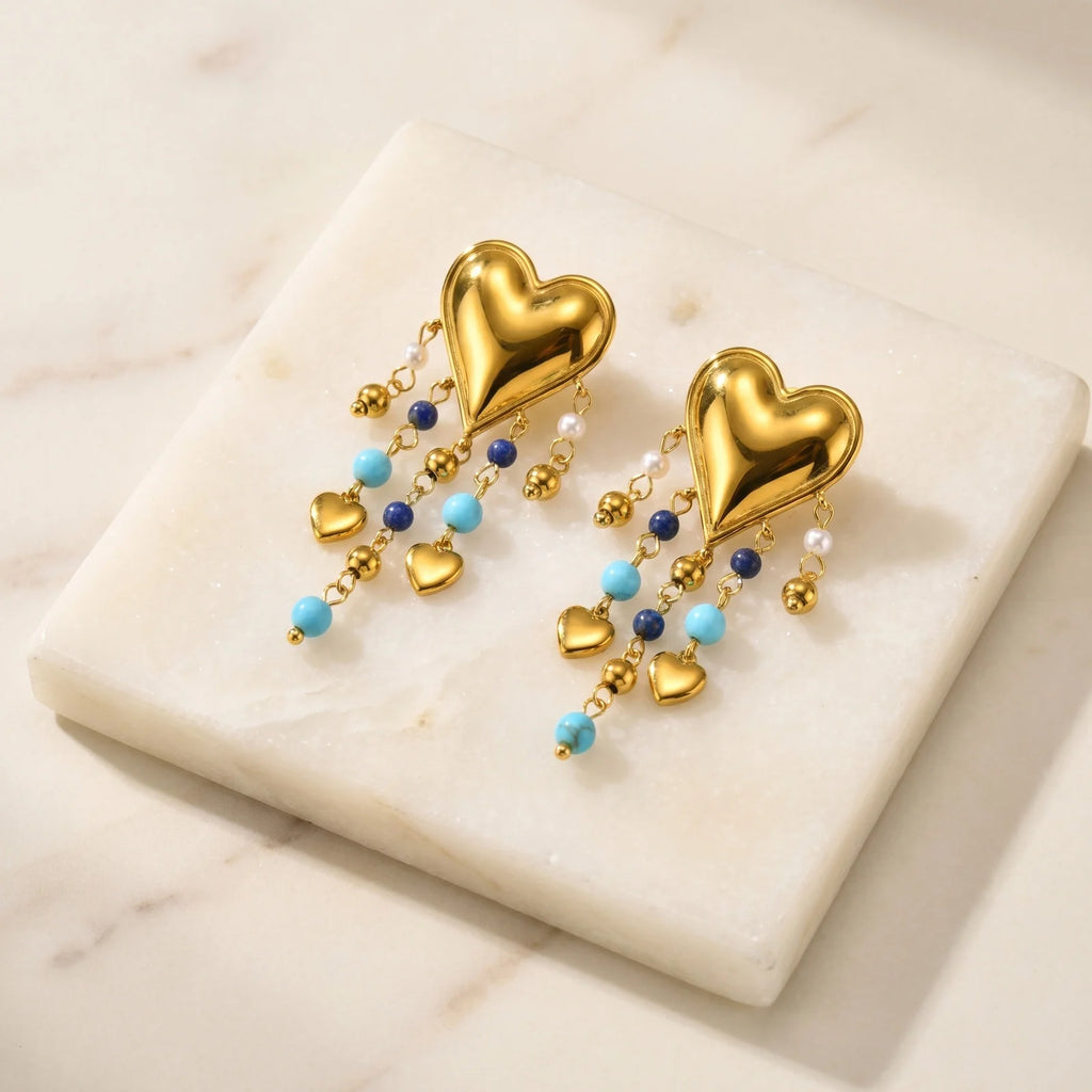 Heart Tassel Dangle Earrings – 18K Gold Plated Turquoise Pearl Dangle Drop Earrings SPOT