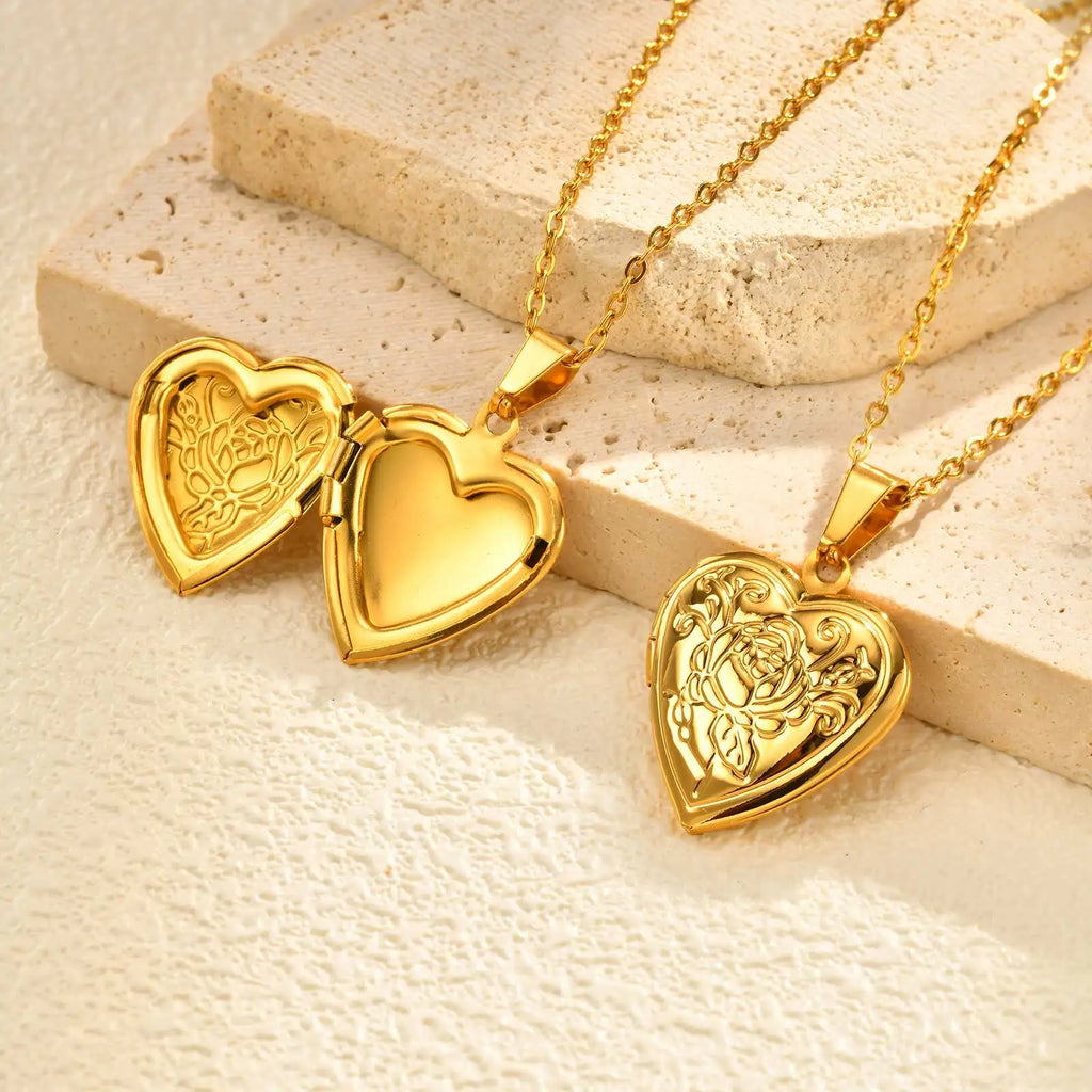 Personalized Photo Heart Locket Necklace – Vintage Flower Gold Locket Pendant Necklace SPOT