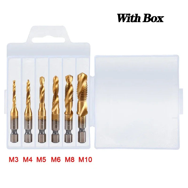 6-Pc Metric Titanium Drill Tap Bit Set M3–M10 | 1/4" Hex Shank Drill Tap Bit Set SPOT 6Pcs Golden Set