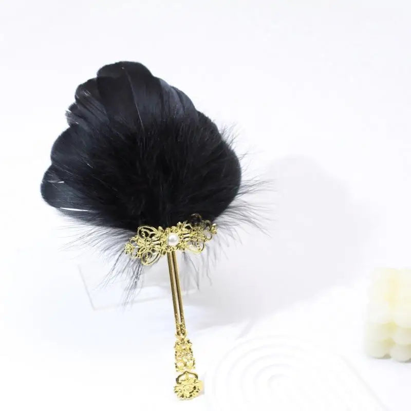 Vintage Fluffy Feather Fan Gold Handle – Stage, Party & Cosplay Decorative Feather Fan SPOT Black