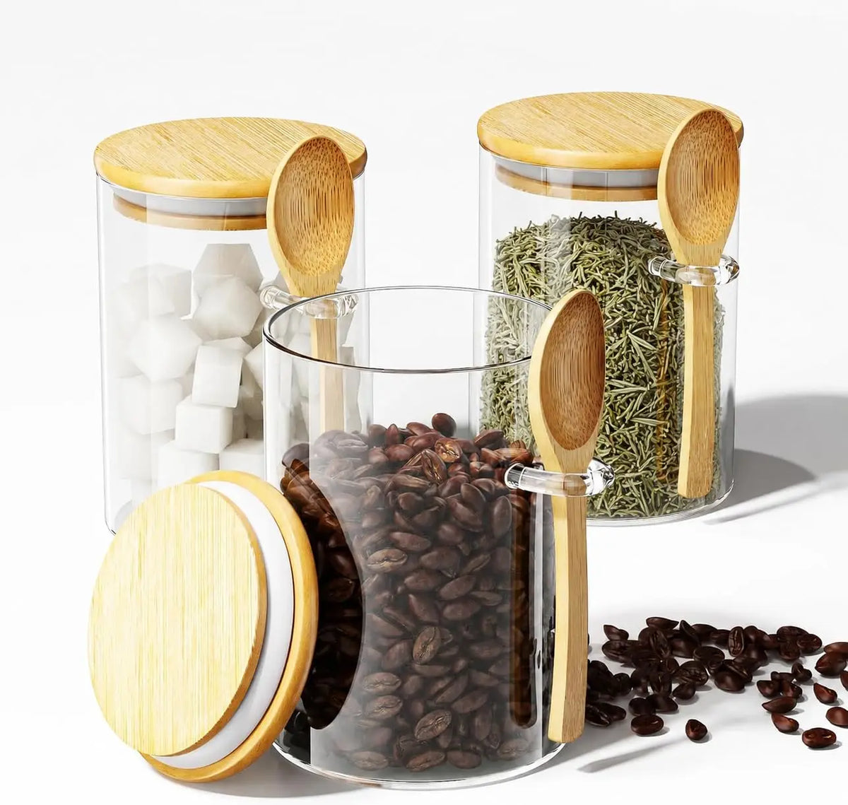 Airtight Glass Jars with Bamboo Lids & Spoons – 18oz Set Glass Food Storage Jars SPOT