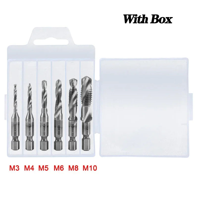 6-Pc Metric Titanium Drill Tap Bit Set M3–M10 | 1/4" Hex Shank Drill Tap Bit Set SPOT 6Pcs Silver Set