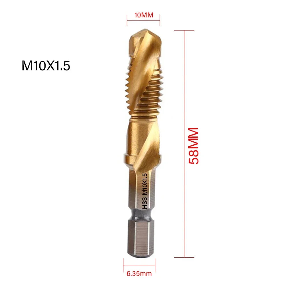 6-Pc Metric Titanium Drill Tap Bit Set M3–M10 | 1/4" Hex Shank Drill Tap Bit Set SPOT M10X1.5 Golden
