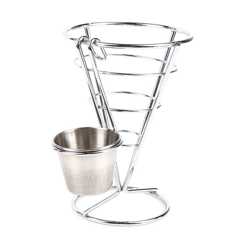 Stainless Steel French Fry Cone Basket Stand with Sauce Cup Fry Serving Basket SPOT