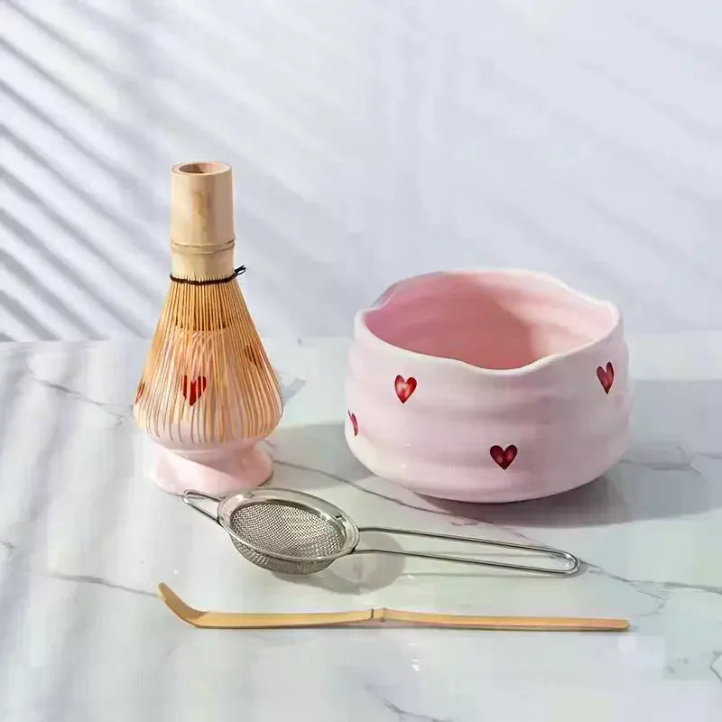 Heart Decal Ceramic Matcha Set – Bowl, Whisk, Scoop & Holder Matcha Tea Set SPOT