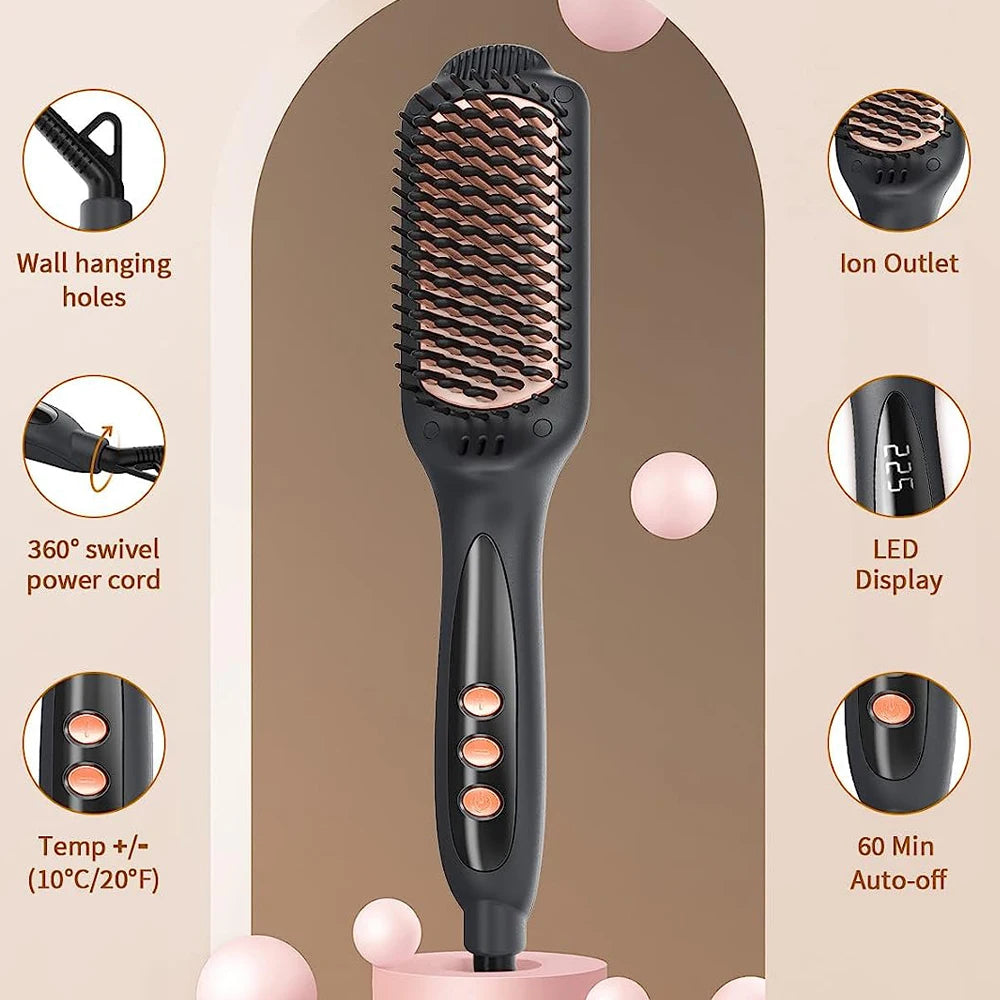 2-in-1 Ionic Ceramic Hair Straightener Brush | LCD, 60W Hair Straightener Brush SPOT