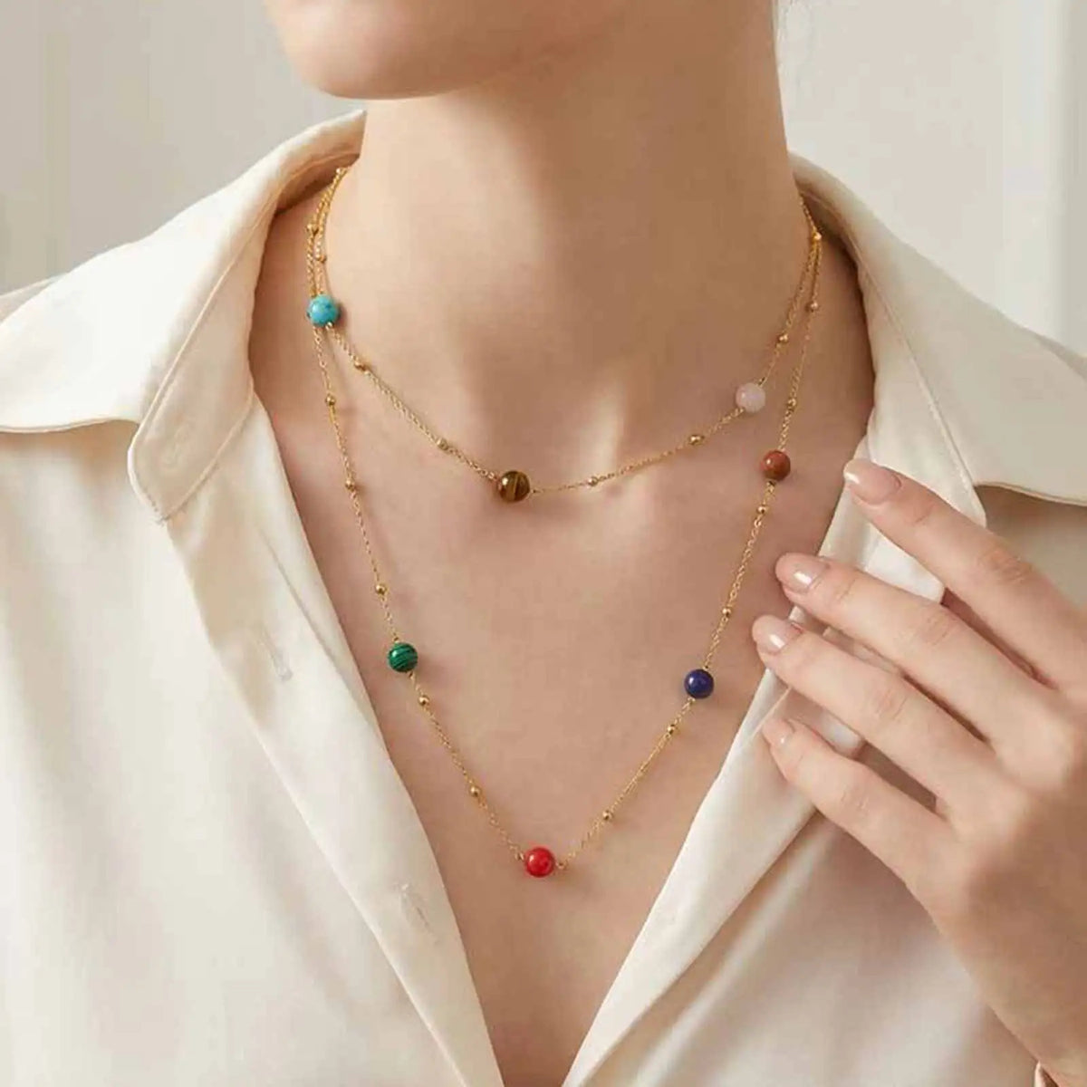 18K Gold Plated Natural Stone Bead Layering Necklace Women Beaded Chain Necklace SPOT