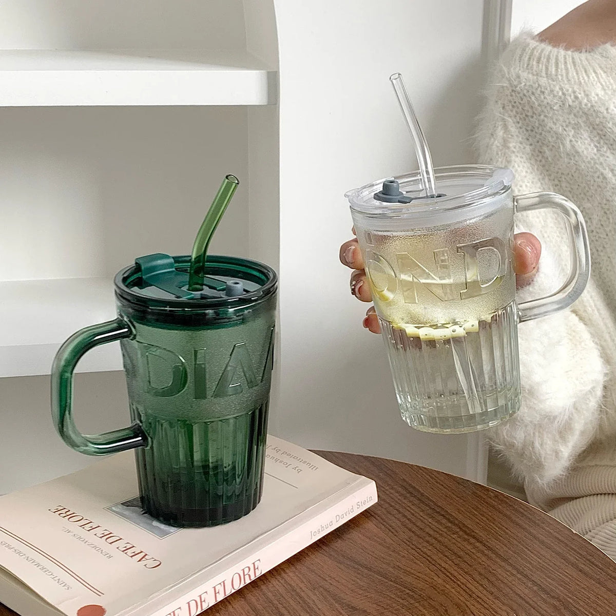 400ml Retro Glass Tumbler with Lid & Straw | Coffee Mug Glass Tumbler SPOT