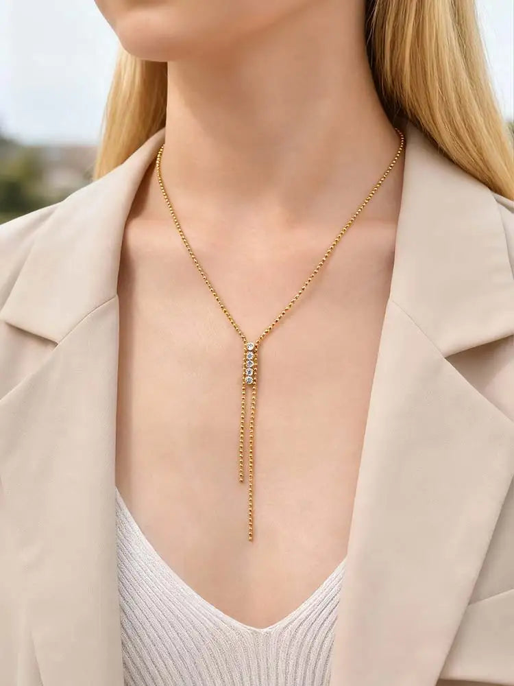 Y-Shape Cubic Zirconia Drop Necklace – Gold Stainless Steel Pendant Necklace SPOT