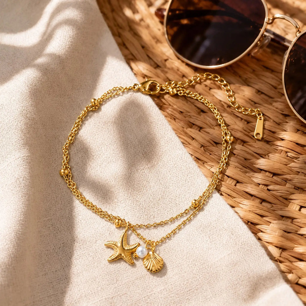 Double Layer Gold Starfish Anklet | 18K PVD Stainless Steel Gold Anklet SPOT