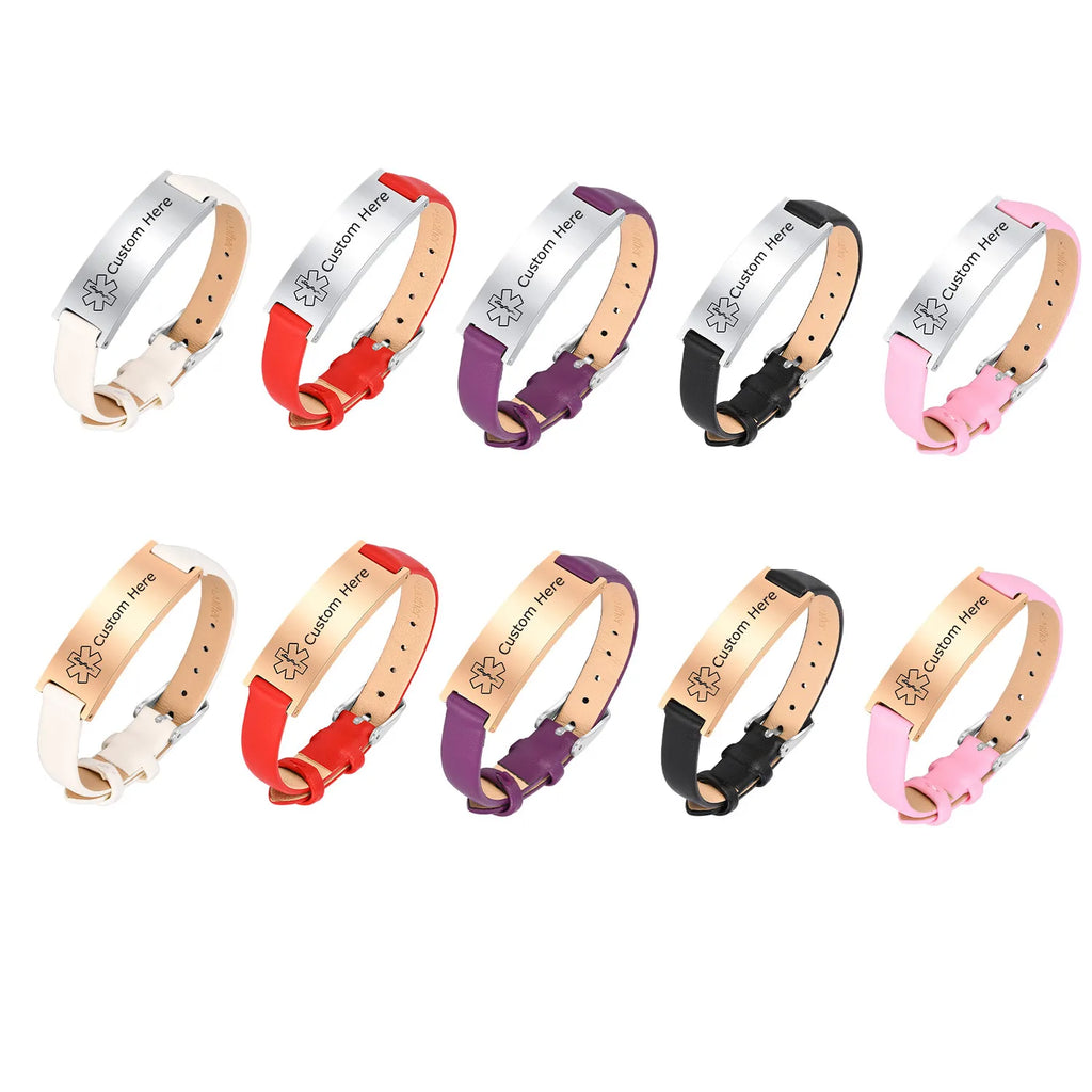 Meaeguet Leather Medical Alert ID Bracelet – Free Engraving ID Alert Bracelet SPOT