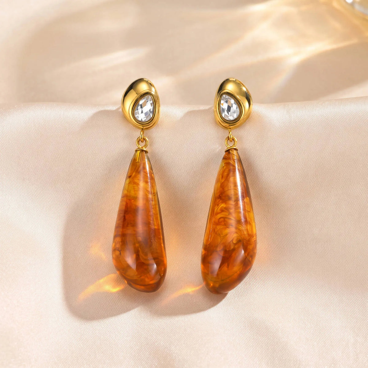 Amber Resin Teardrop Earrings – 18K Gold Plated Dangle Drop Dangle Earrings SPOT