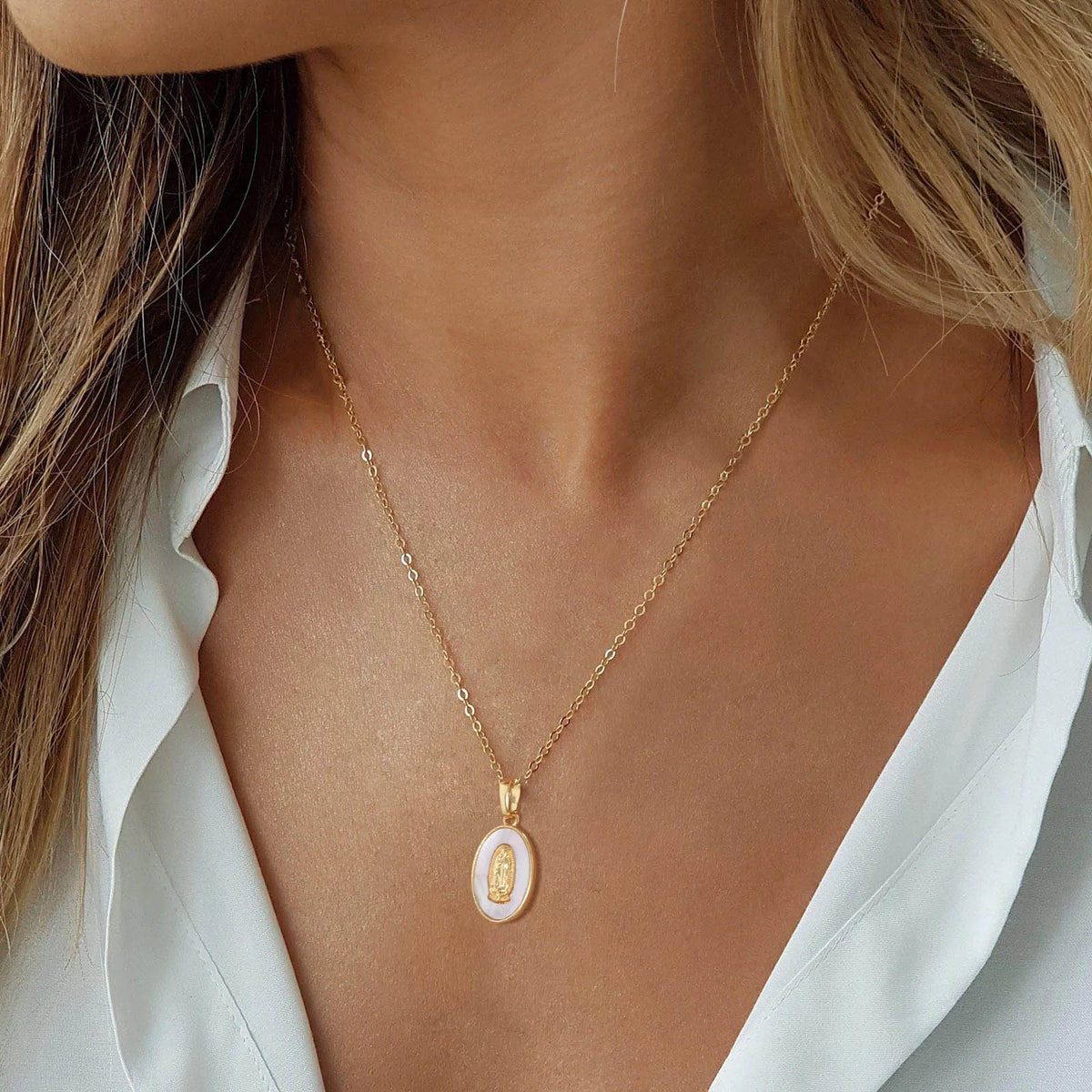 Guadalupe Virgin Mary Pendant Necklace – Gold Stainless Steel Pendant Necklace SPOT